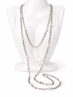 Givenchy Silver Chain Pearl Necklace Long Layered Designer Statement